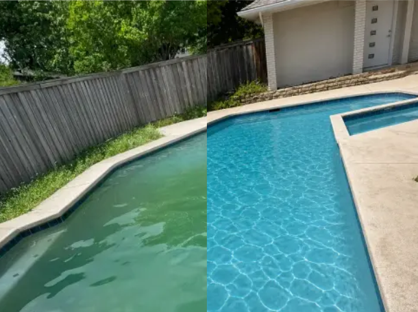 Before and after shots of a green pool to a sparkling clear pool