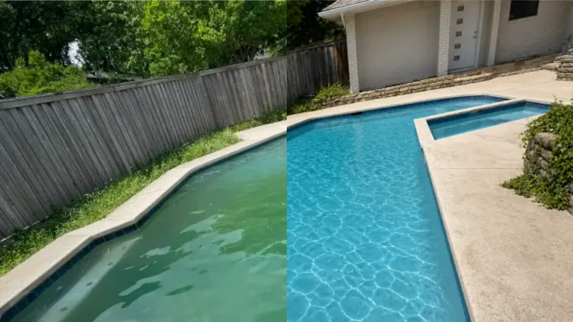 Before and after shots of a green pool to a sparkling clear pool