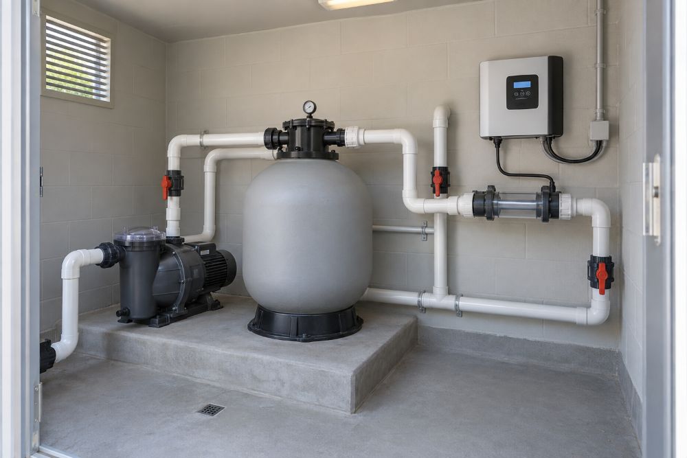 Pump room for a pool, ready for servicing