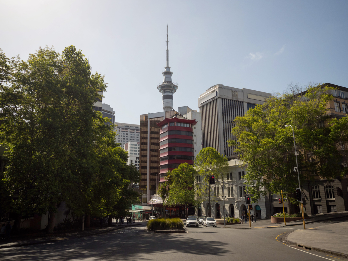 Auckland Sky Tower seen from Wellesley Street East near Albert Park Art Gallery and Central Library in New Zealand Aotearoa, as part of the central Auckland service area for pool doctor