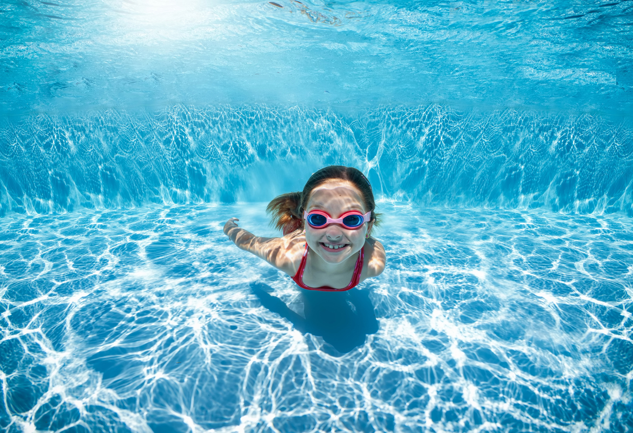 Portrait of a happy girl with goggles swimming under water in swimming pool in healthy, clean water